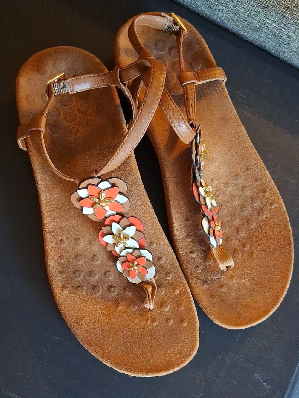 Vionic Brown Paulie T-Strap Sandals with Coral and White Floral Accents - Picture 13 of 14